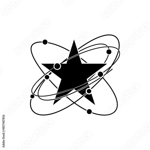 Black star at the center of a complex atomic or planetary orbital system, symbolizing science and cosmic energy.