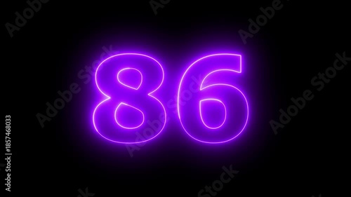 Neon text 86 number countdown icon background 4k animation Animated blue neon alphabet symbol loop animation...