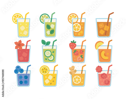 Vibrant Drink Icons. Fresh drinks. Colorful flat vector icons set of fresh drinks: lemonade, limeade, citrus mix drink, iced tea, hibiscus drink, cucumber mint