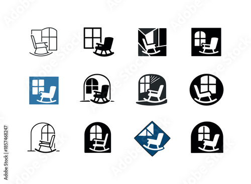 Rocking Chair Variations. Rocking chair by the window. Icon set. Set Logo of rocking chair by the window: classic rocker silhouette near window