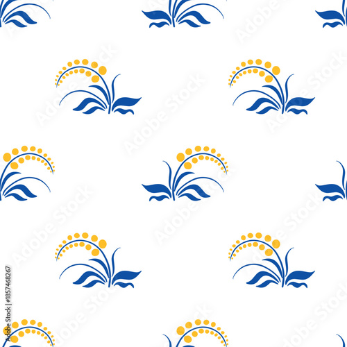 Seamless Pattern with Blue Flowers in Traditional Ukrainian Petrykivka Folk Art Style