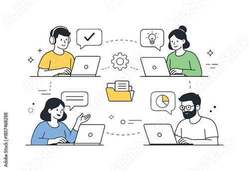Seamless Remote Teamwork. Remote collaboration. Team members connected through laptops and dialog bubbles, working together across distance. Calm digital