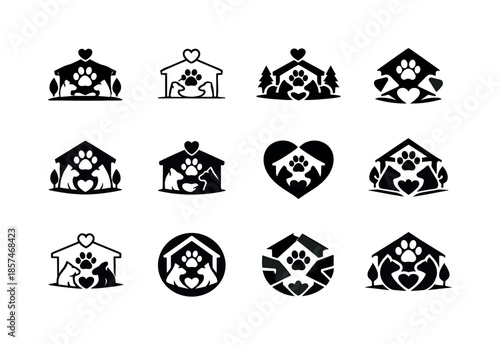 Wildlife Sanctuary Logos. Wildlife sanctuaries and animal care facilities. Icon set. Set Logo of Wildlife sanctuaries and animal care facilities: rescue