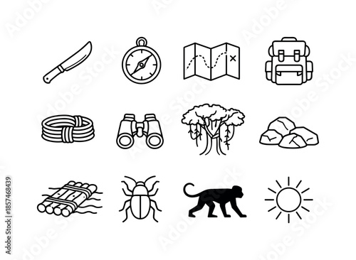 Jungle Exploration Icons. Deep jungle exploration. Line icon set of Deep jungle exploration: machete, compass, map, backpack, rope, binoculars, vine-covered