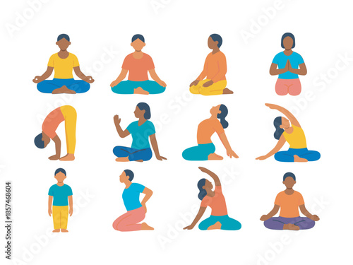 Mindful Yoga Icons. Mindful yoga. Colorful flat vector icons set of mindful yoga: seated lotus, easy pose, kneeling meditation, standing breath pose, forward