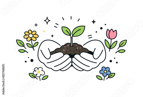 Nurturing Spring Growth. Spring nature care. Hands holding soil with a small sprout growing upward, framed by flowers and leaves. Simple visual metaphor of