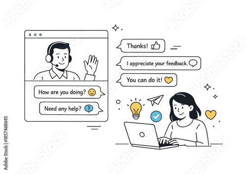 Remote Team Trust. Building trust in remote teams. Manager offering support through a chat window with positive icons. Friendly atmosphere of