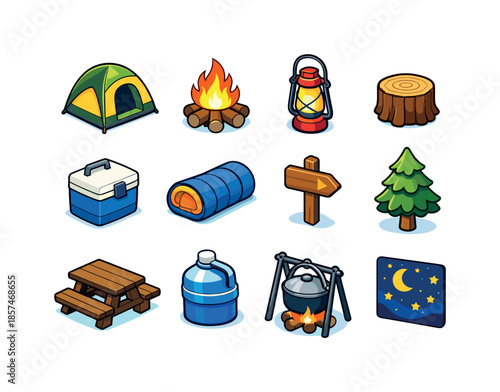 Camping Icons Grid. Quiet campsite. Colorful isometric vector icons set of quiet campsite: tent, campfire, lantern, log seat, cooler box, sleeping bag, trail