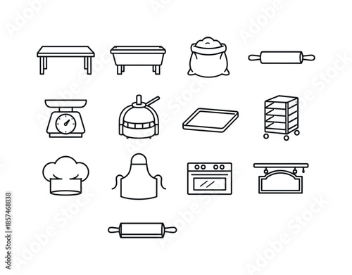 Bakery Icon Set. Bakery workspace. Line icon set of bakery workspace: worktable, dough trough, flour sack, rolling pin, baking scale, dough divider, sheet pan,