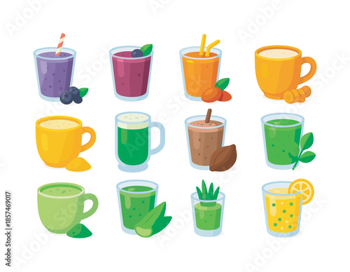 Colorful Superfood Beverages. Superfood drinks. Colorful flat vector icons set of superfood drinks: acai smoothie, maqui berry drink, goji berry smoothie,