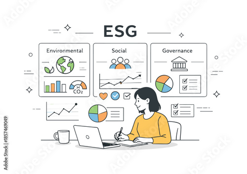 ESG Analysis Illustration. ESG reporting and metrics. Analyst reviewing dashboards with environmental, social, and governance indicators, calm and focused