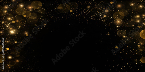 Sparkling water drops and a wine glass shine like bright star particles and winter snowflakes against an abstract dark black night sky galaxy background