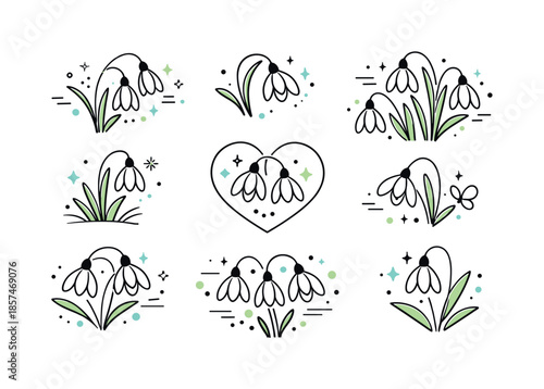 Minimalist Snowdrop Vectors. Snowdrop Flower Vectors. Abstract decorative snowdrop elements combined with dots and small lines, creating a light botanical