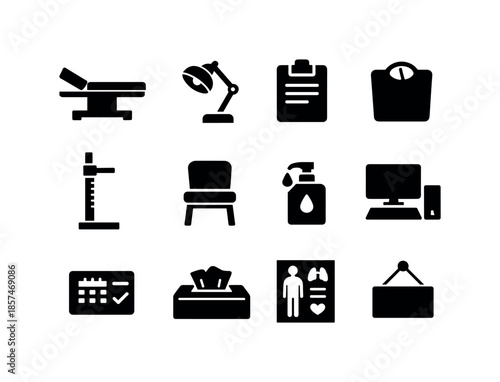 Doctor's Office Icons. Doctor?s office. Solid icon set of doctor?s office: exam table, medical lamp, clipboard, scale, height ruler, waiting chair, hand