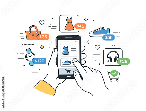 Seamless Mobile Shopping. Mobile online shopping. A person scrolling a smartphone with product images and price tags floating around. Quick and effortless