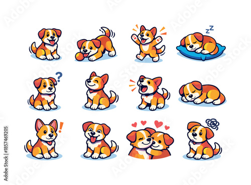 Dog Emotion Icons. Dog emotions. Colorful isometric vector icons set of dog emotions: happy dog, playful dog, excited dog, sleepy dog, curious dog, proud dog,