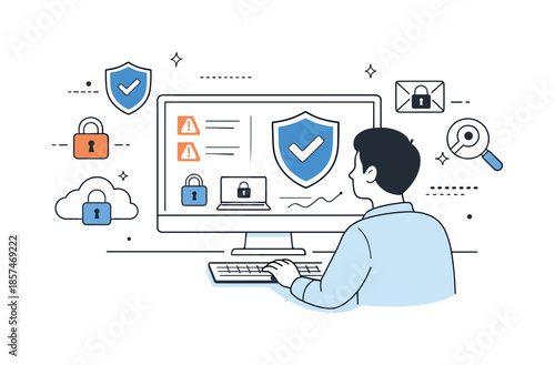 Digital Security Vigilance. Cybersecurity awareness. Person monitoring a secure digital workspace, checking alerts and shield icons on a screen. Calm sense of
