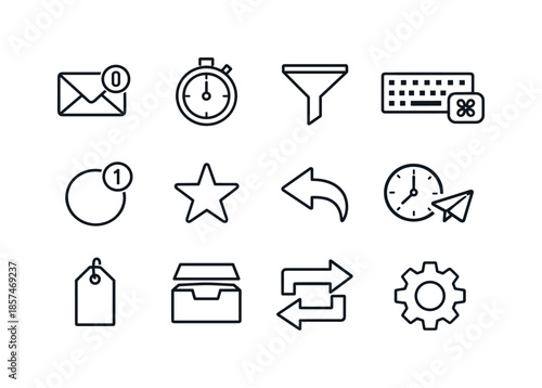 Email Productivity Icons. Email productivity strategies. Line icon set of Email productivity strategies: inbox zero icon, batching timer, filter funnel,