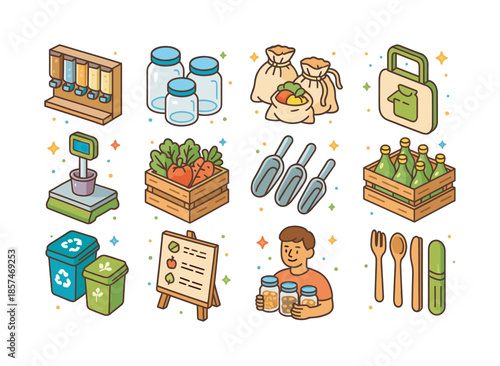 Zero-Waste Market Icons. Zero-waste food market. Colorful isometric vector icons set of Zero-waste food market: bulk dispensers wall, reusable glass jars,
