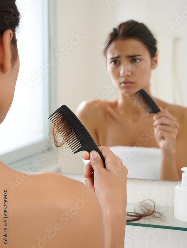 Woman Examining Hair Loss in Mirror - Concerned Expression and Hair in Comb