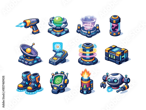 Cosmic Technology Icons. Cosmic technology. Colorful isometric vector icons set of cosmic technology: plasma cutter, graviton stabilizer, teleport node,