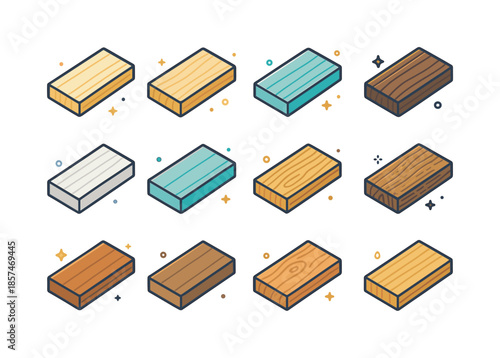 Colorful Wooden Plank Icons. Wood plank finishes and textures. Colorful isometric vector icons set of wood plank finishes and textures: raw unfinished plank,