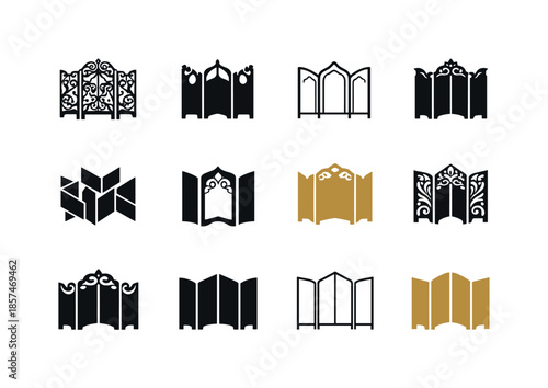 Folding Screen Logos. Folding screen. Icon set. Set Logo of folding screen: ornate carved screen. harmonious logo variations of the same emblematic concept,