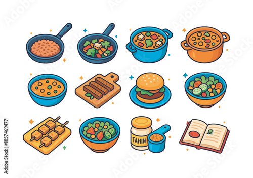 Alternative Protein Delight. Cooking with alternative proteins. Colorful isometric vector icons set of Cooking with alternative proteins: skillet