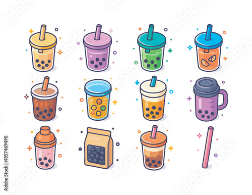 Colorful Bubble Tea Icons. Bubble Tea. Colorful isometric vector icons set of Bubble Tea: classic milk tea, taro boba, matcha boba, fruit tea, brown sugar