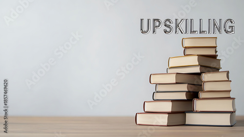 Books stacked high next to the word upskilling, education and knowledge concept, enhancing skills, learning new things, book stack on wooden table. Knowledge builds career.