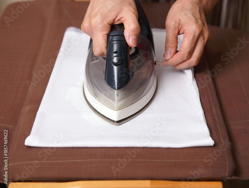 Person Ironing White Sheet on Ironing Board - Close-Up