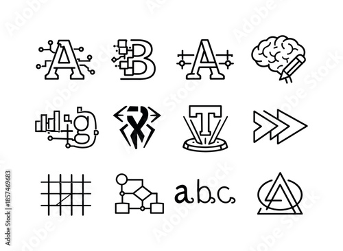 Futuristic Typography Icons. Future of Fonts. Line icon set of Future of Fonts: AI typography, generative letter, adaptive font system, smart typography brain,