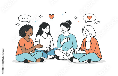 Empathetic Women's Circle. Supportive community of women. A small group sitting together in calm conversation, listening and sharing ideas. The scene reflects