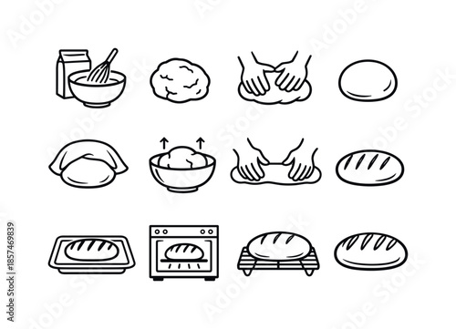 Dough Making Icons. Dough preparation stages. Line icon set of dough preparation stages: mix ingredients, rough dough ball, kneading motion, smooth dough ball,