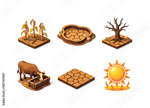 Drought Effects Icons. Drought effects. Isometric flat vector icons set of drought effects: withered crops, dry cracked pond, dying tree, livestock drinking