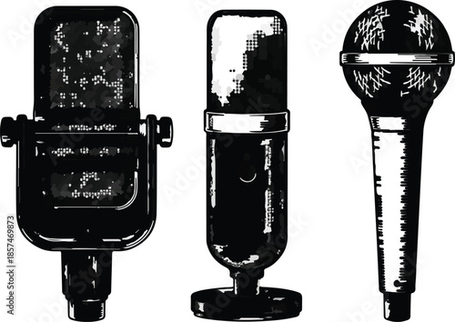Set of three retro vintage microphone vector illustrations, isolated on white background