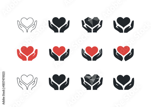 Grateful Heart Logos. grateful heart. Icon set. Set Logo of grateful heart: hands holding heart. harmonious logo variations of the same emblematic concept,