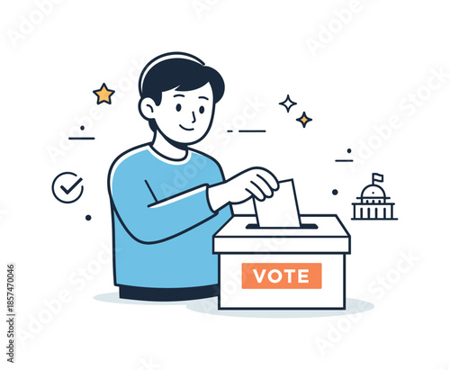 Casting the Ballot. Government and Democracy. A calm character placing a ballot into a voting box, with small stars and lines symbolizing civic participation.