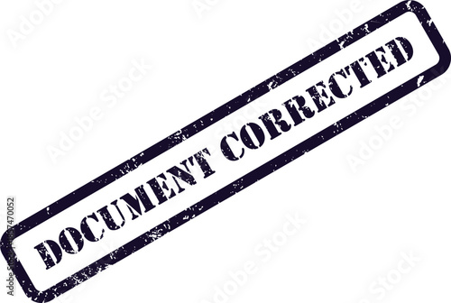 A distinct rectangular stamp displaying distressed dark blue DOCUMENT CORRECTED text against a bright white background