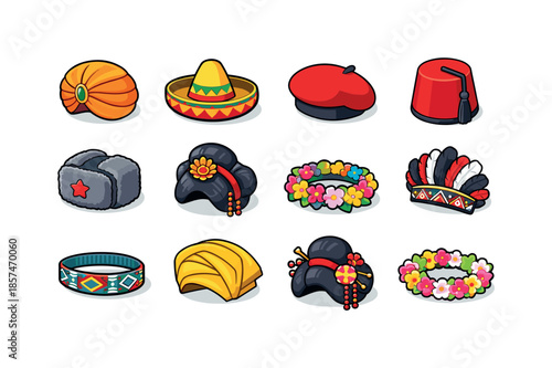 Traditional Headwear Icons. Headwear traditions. Colorful isometric vector icons set of headwear traditions: turban, sombrero, beret, fez, ushanka, hanbok