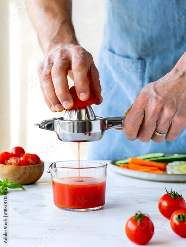 Fresh Tomato Juice Being Extracted with a Manual Juicer