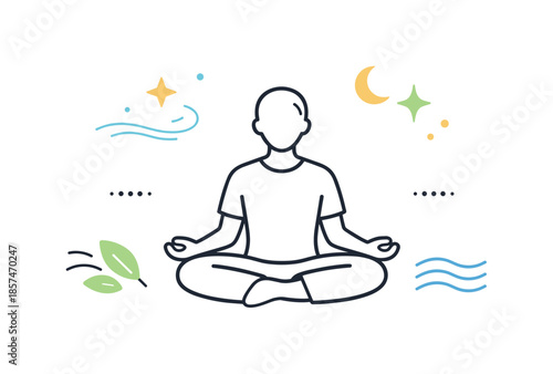 Minimal Meditation Symbols. Meditation practice icons. Minimal person in cross-legged meditation pose, surrounded by calming symbols like stars, dots, and