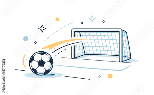 Minimalist Sports Scene. Sports match day. A minimal scene with a ball and simple goal or court lines, with abstract shapes emphasizing action. The composition