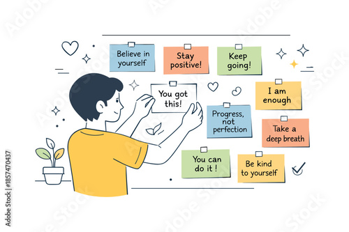 Encouraging Notes Display. Affirmation wall. A character arranging positive notes on a wall or board, each with short encouraging phrases. The scene highlights
