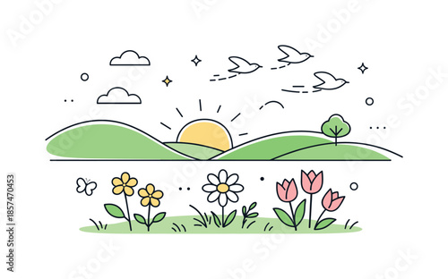 Nature's Gentle Awakening. Nature awakening. Hills, flowers, and a few birds flying gently across the sky. The scene represents seasonal change and natural