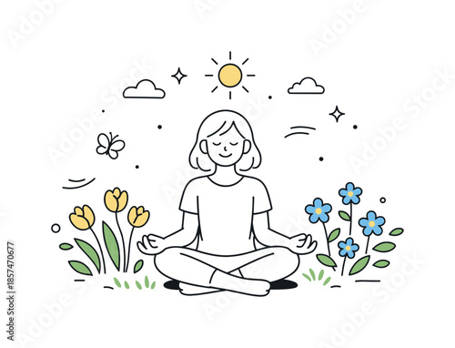 Spring Nature Bliss. Spring celebration moment. A calm scene of a person enjoying nature, sitting or standing among flowers with relaxed posture. The