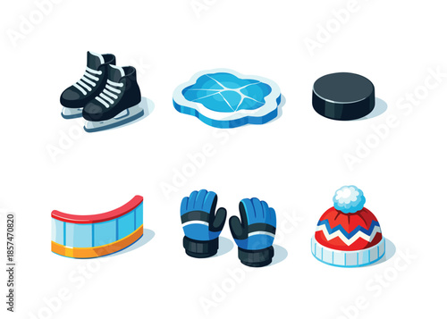 Winter Activity Icons. Outdoor winter activities. Isometric flat vector icons set of outdoor winter activities: ice skates pair, frozen lake surface, hockey