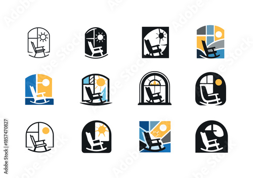 Sunlit Rocker Logos. Rocking chair by the window. Icon set. Set Logo of rocking chair by the window: sunlit rocker composition. harmonious logo variations of