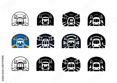 Subway Train Icon Variations. A subway train moving through underground tunnels, with passengers inside. Icon set. Set Logo of a subway train moving through