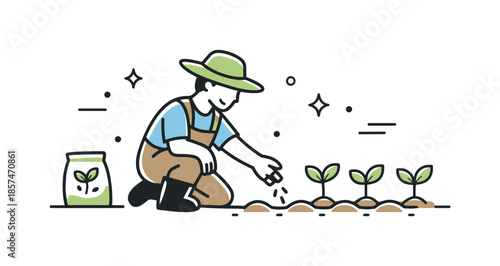 Seed Planting Icon. Seed planting farmer icon. Minimal character planting seeds in a neat row, conveying growth, care, and sustainability. Clean icon-style